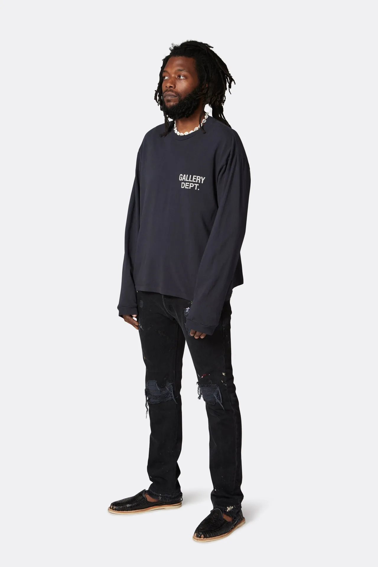 GALLERY DEPT. SOUVENIR L/S TEE Black Basic English Logo Long Sleeves Washed Black S-XL Heavy Washed Vintage Cylindrical Seamless Linen Cotton Fabric